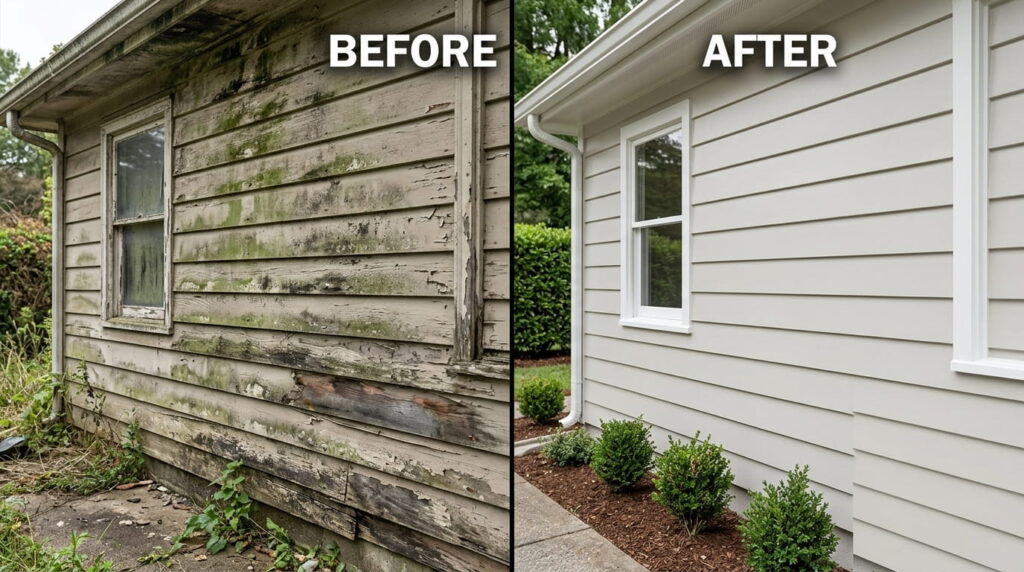 Before/after showing moldy siding cleaned and repainted.