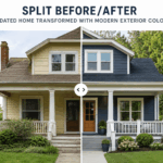 Split before/after of a dated home transformed with modern exterior colors