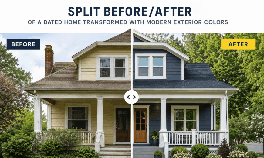 Split before/after of a dated home transformed with modern exterior colors