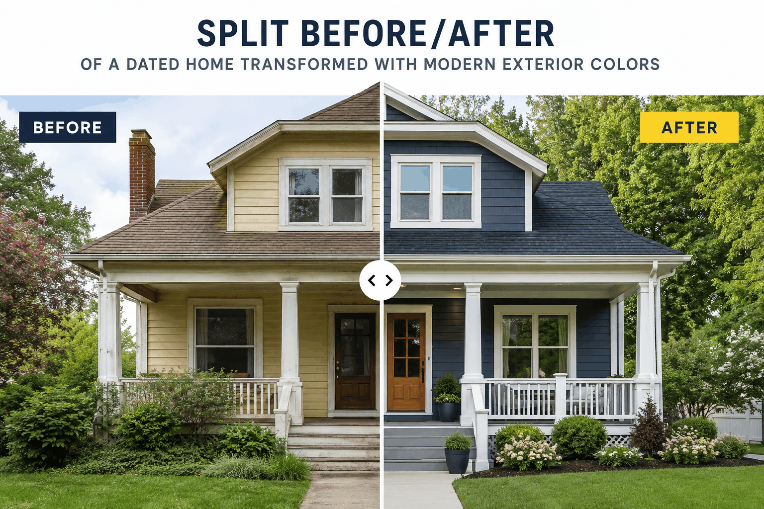 Split before/after of a dated home transformed with modern exterior colors