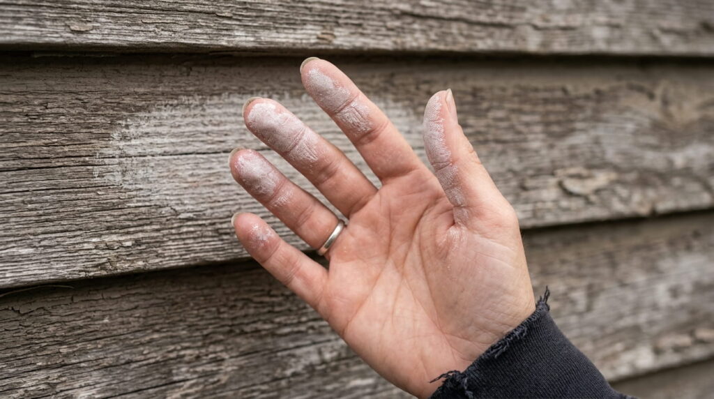 Hand with powdery residue after touching faded siding