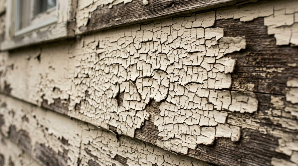 Close-up of alligatoring paint on wood siding before repair
